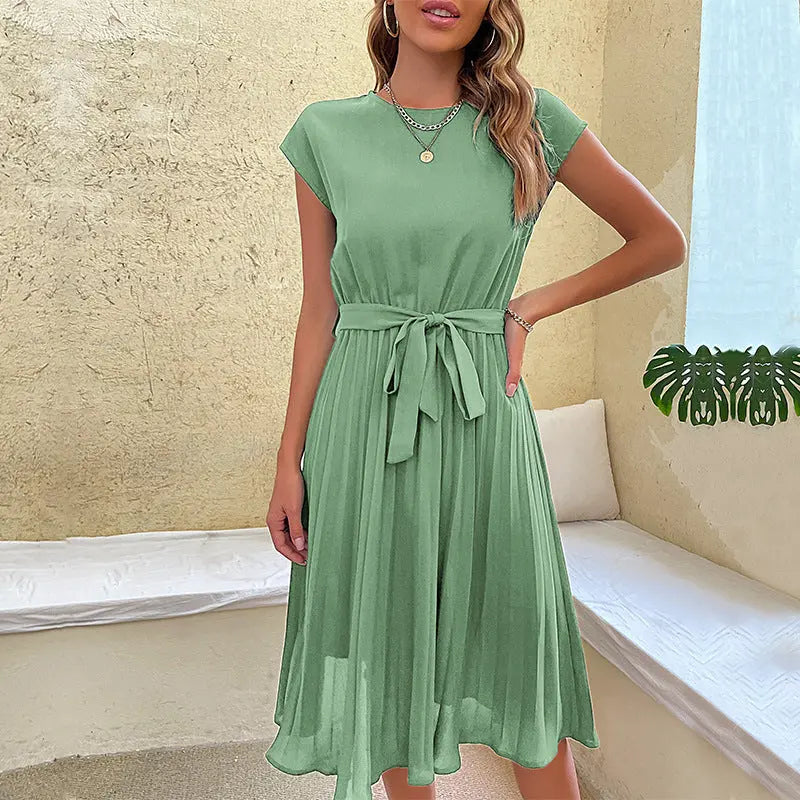Summer Pleated Short-sleeved Dress INS Fashion Waist-tied Beach Dresse Women's Clothing Michan Direct