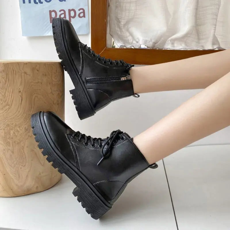 Trendy Korean Black All Match Thick Soled Motorcycle Boots Michan Direct