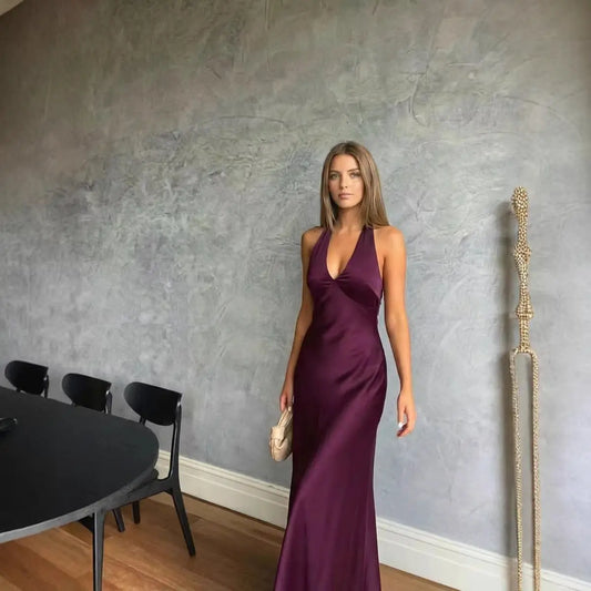 Satin V-neck Backless Bow-tied Mermaid Long Dress Michan Direct