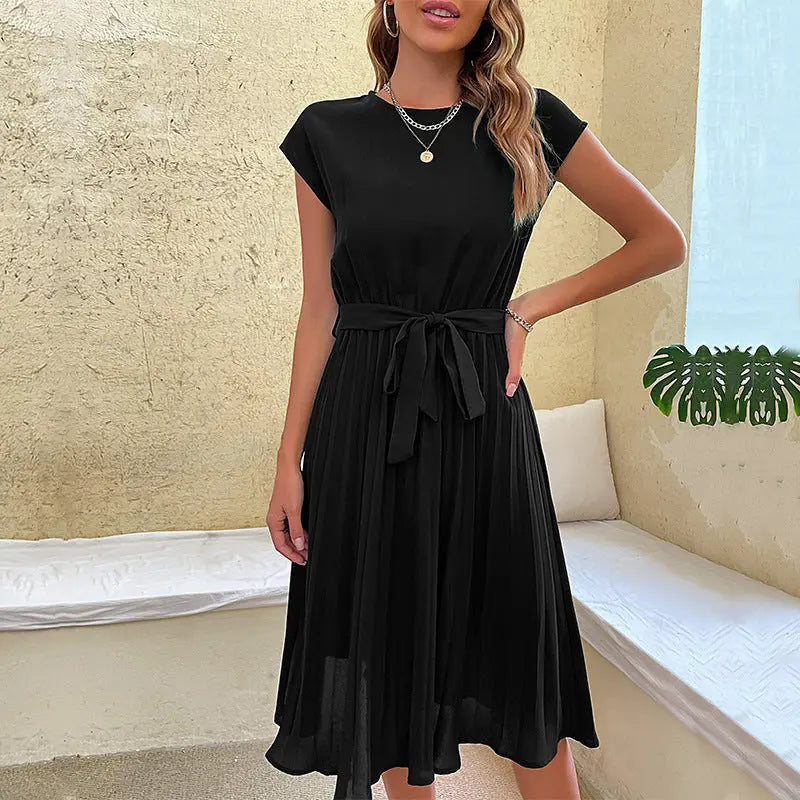Summer Pleated Short-sleeved Dress INS Fashion Waist-tied Beach Dresse Women's Clothing Michan Direct