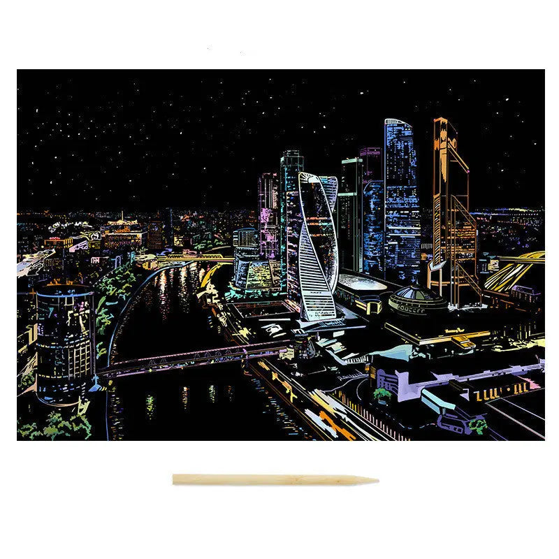 City skyline at night with illuminated buildings and a river.
