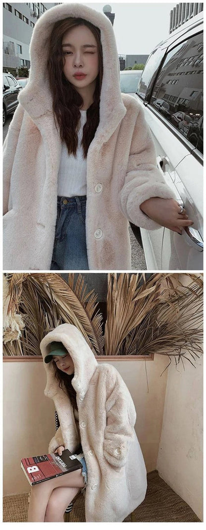 Winter Women's Faux Rabbit Fur Coat Hooded Thick And Plush Jacket