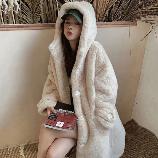Winter Women's Faux Rabbit Fur Coat Hooded Thick And Plush Jacket