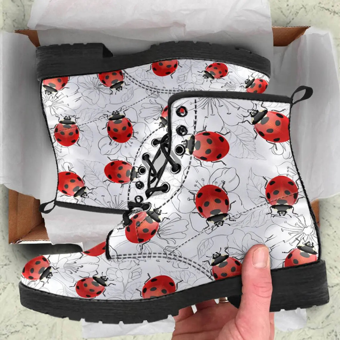 Women's High Help Combat Boots Seven Star Ladybird Cute Cartoon British Work Clothes Boots Michan Direct