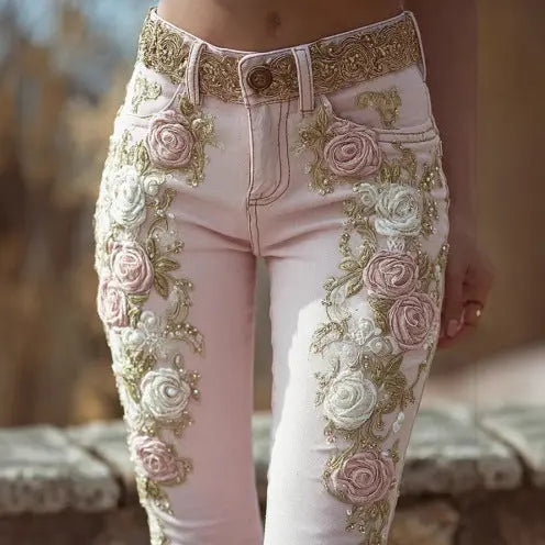 Women's Retro Pink Rose Embroidered Artistic Printed Jeans Elegant Michan Direct
