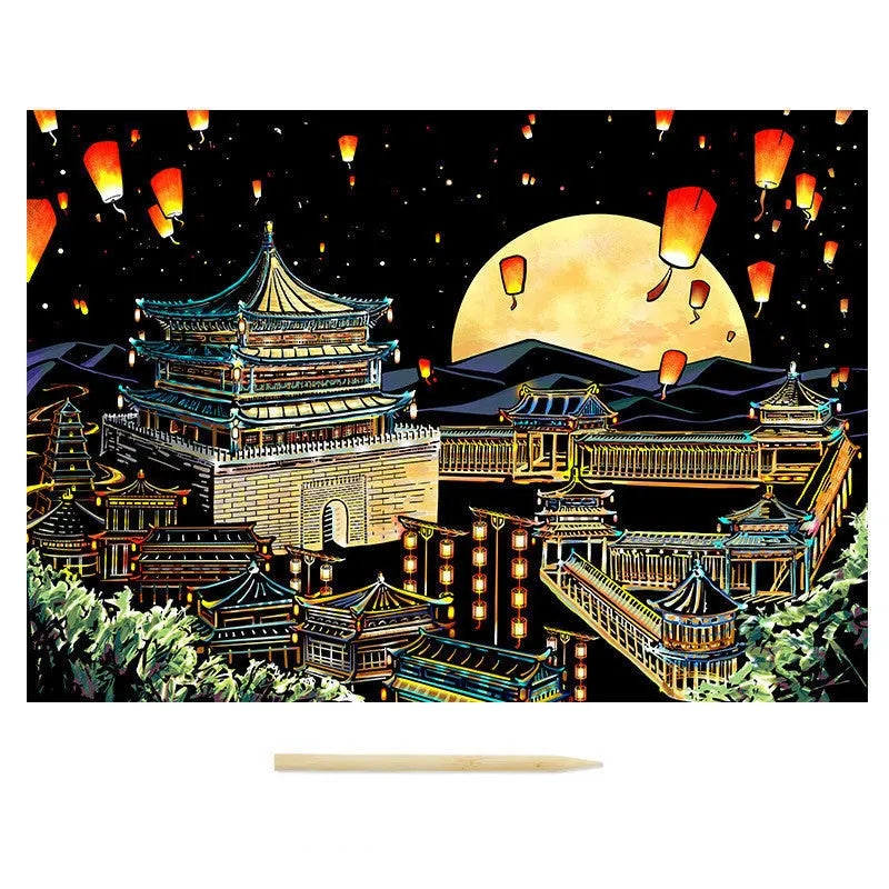 Traditional East Asian architecture with lanterns and a full moon in the background