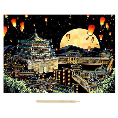 Traditional East Asian architecture with lanterns and a full moon in the background