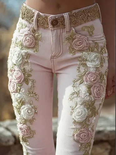 Women's Retro Pink Rose Embroidered Artistic Printed Jeans Elegant Michan Direct