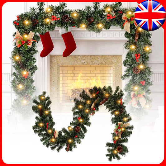 12FT Christmas Garland With Lights Door Wreath Xmas Fireplace Stairs DIY Decor