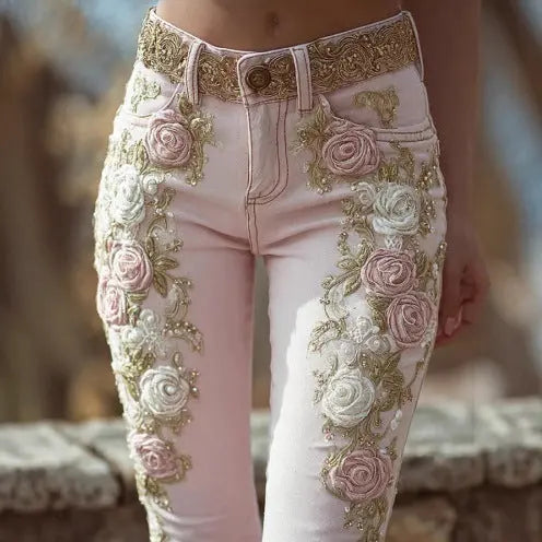 Women's Retro Pink Rose Embroidered Artistic Printed Jeans Elegant Michan Direct