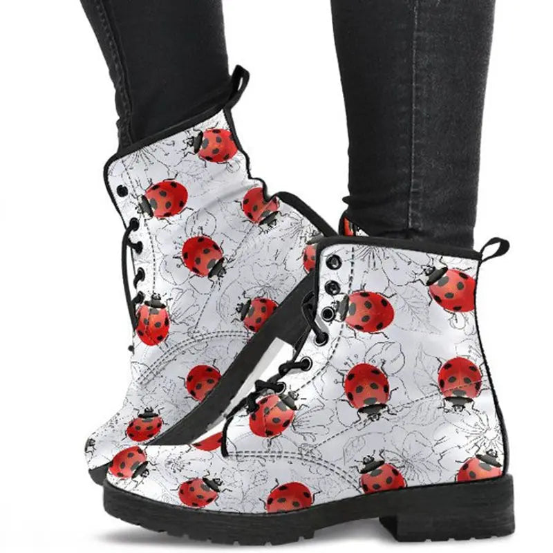 Women's High Help Combat Boots Seven Star Ladybird Cute Cartoon British Work Clothes Boots Michan Direct