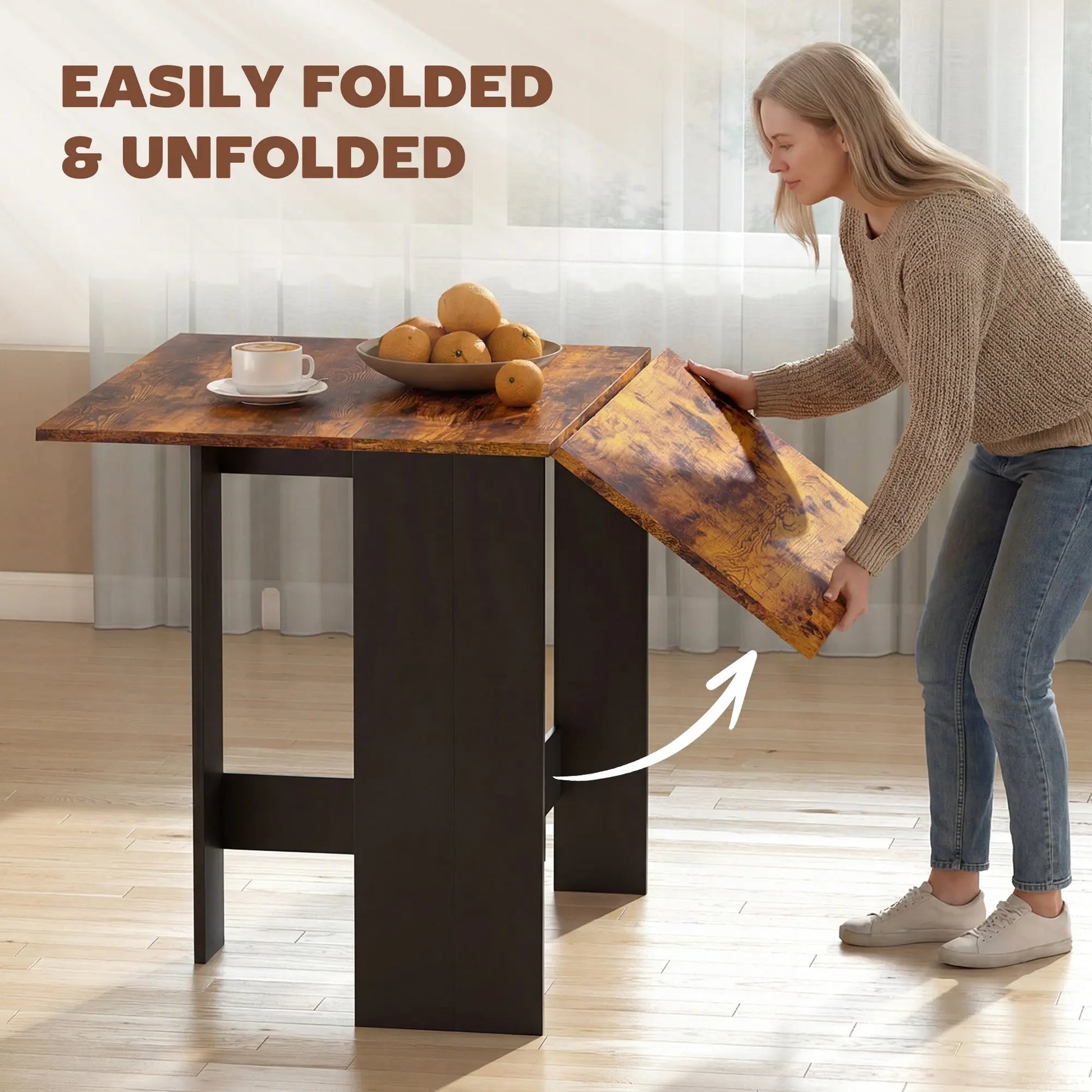 HOMCOM Folding Dining Table, Space-Saving Drop Leaf Kitchen Table for 4-6 People Rustic Brown Wise Galleria