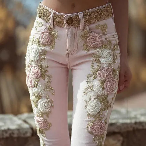 Women's Retro Pink Rose Embroidered Artistic Printed Jeans Elegant Michan Direct