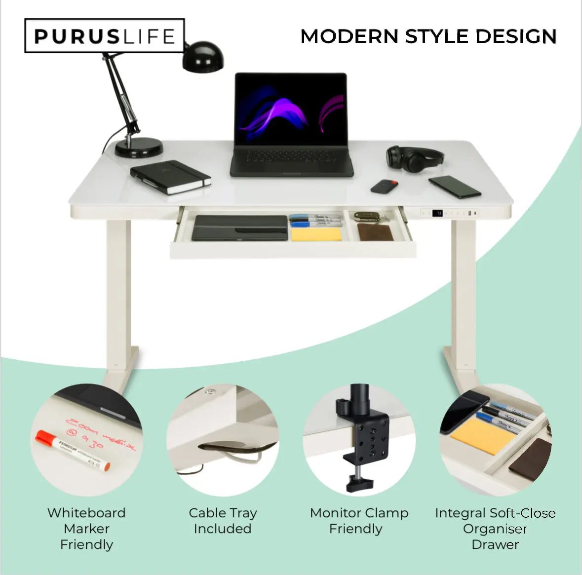 E-Max Electric Height Adjustable Desk White (Glass Top) – Purus Life Purus Life
