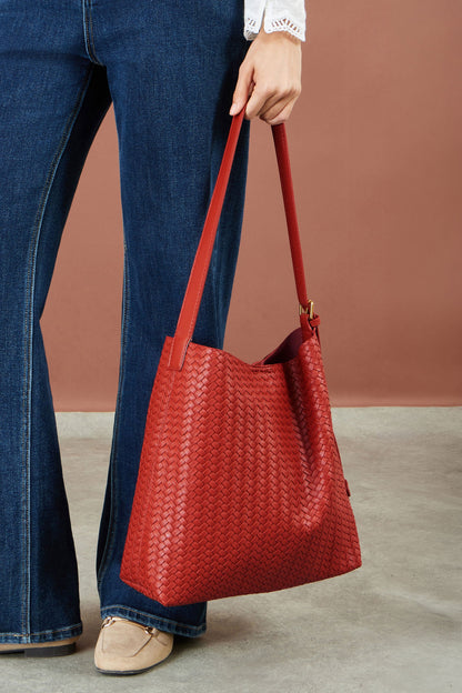 Yumi Red Woven Shoulder Bag With Detachable Inside Purse
