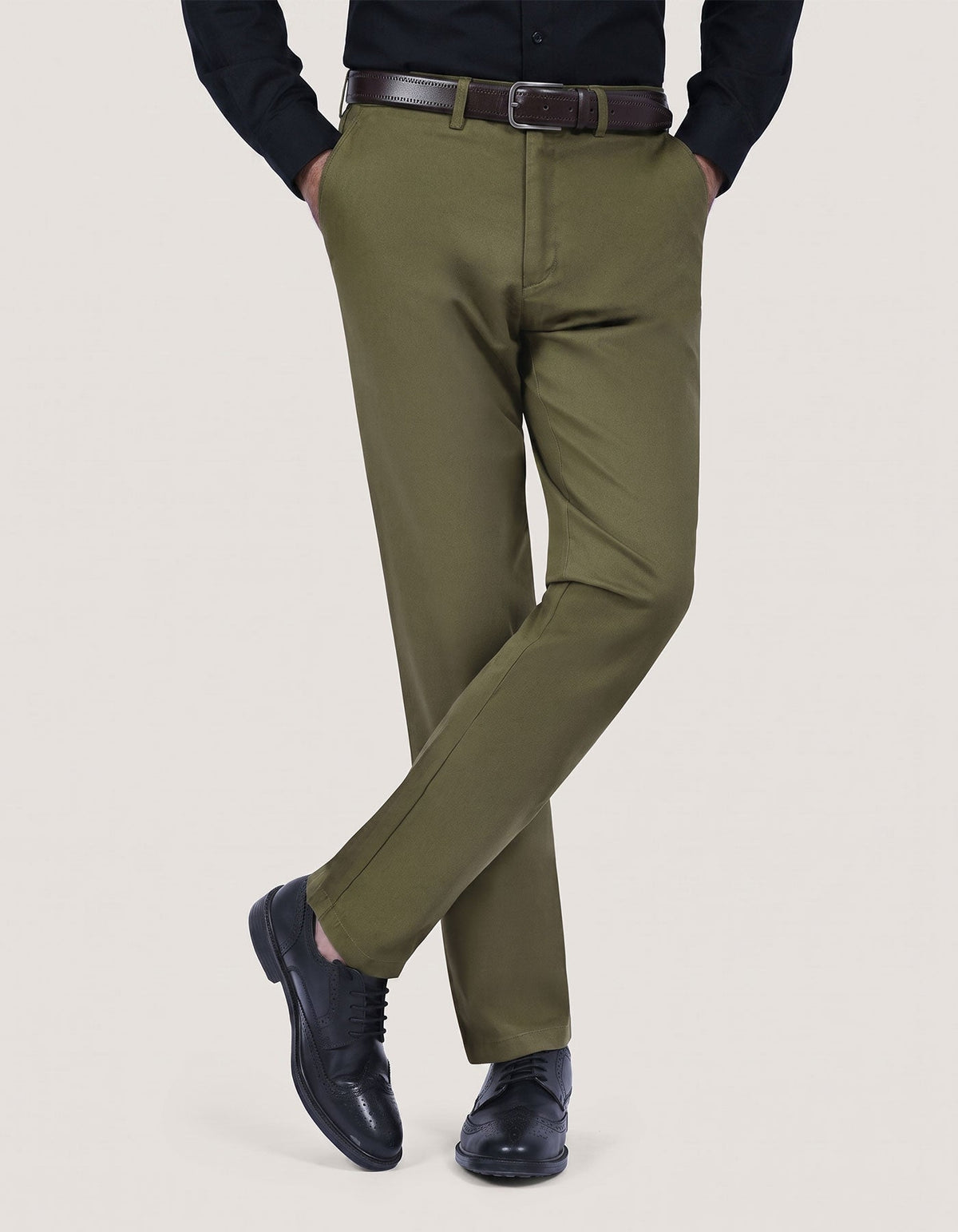 Trendy Olive Twill Flat Front Chinos