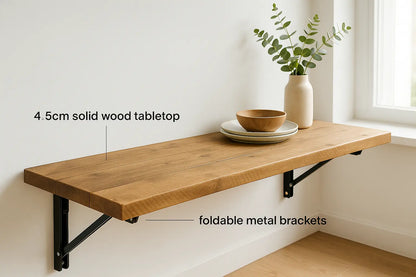 Foldable Wall-Mounted Solid Wood Table – Rustic Wood with Heavy-Duty Black Brackets – Space-Saving Desk for Kitchen, Office, or Small Spaces Tribe Joinery