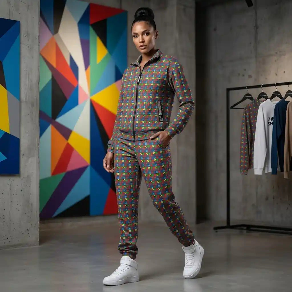 A woman modeling a matching zip-up jacket and jogger pants set in a colorful geometric print, standing in a modern concrete-walled room with a clothing rack in the background.