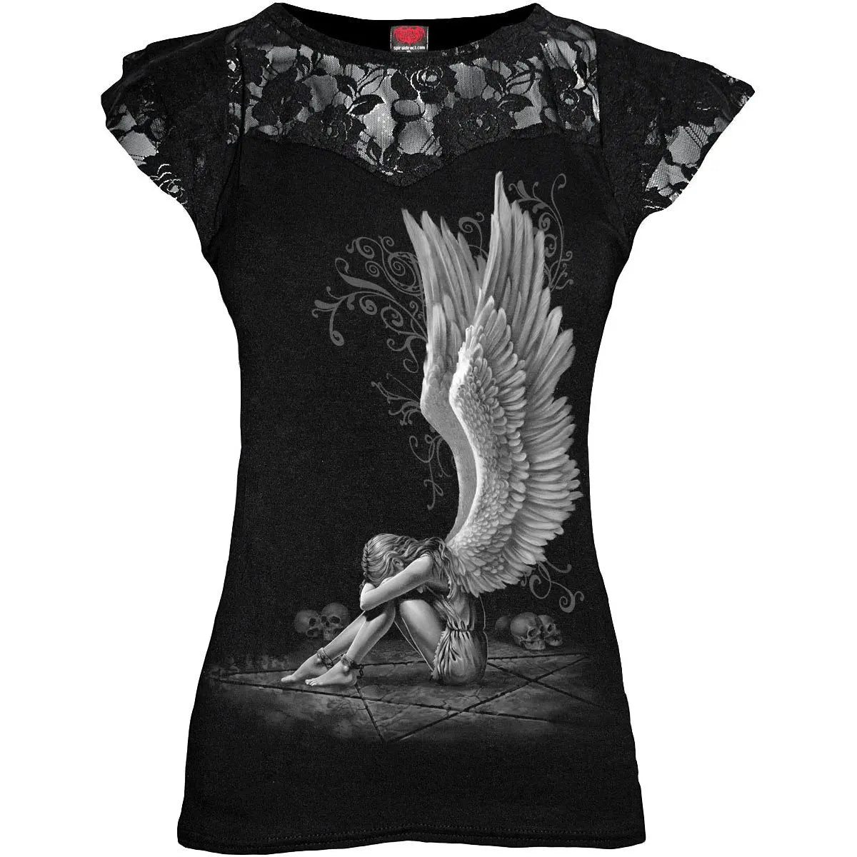 ENSLAVED ANGEL - Lace Layered Cap Sleeve Top Black Spiral Direct