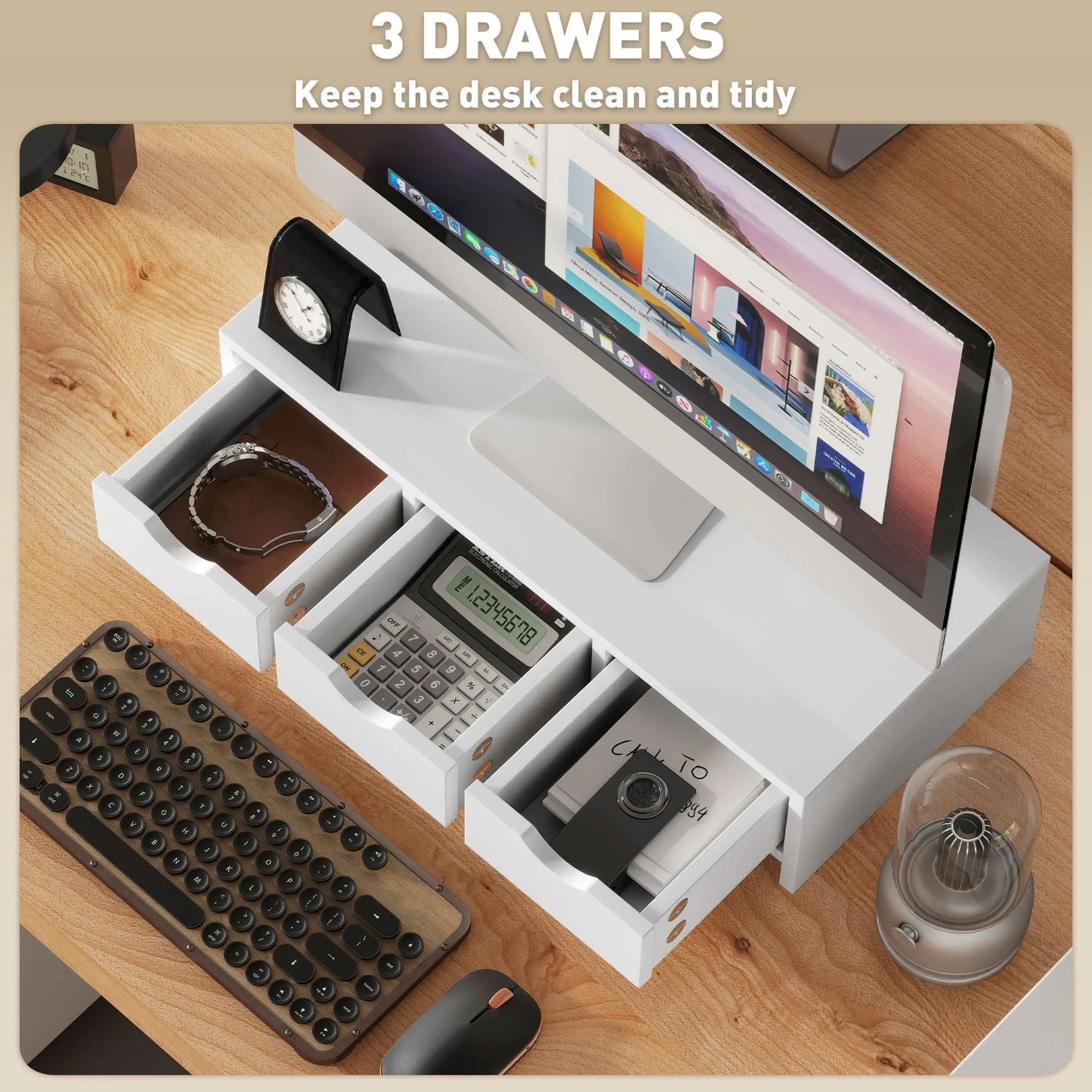 HOMCOM Monitor Stand Riser with 3 Drawers, Monitor Riser for Laptop, Computer, PC, Small Printer, 51 x 24 x 13cm, White Wise Galleria