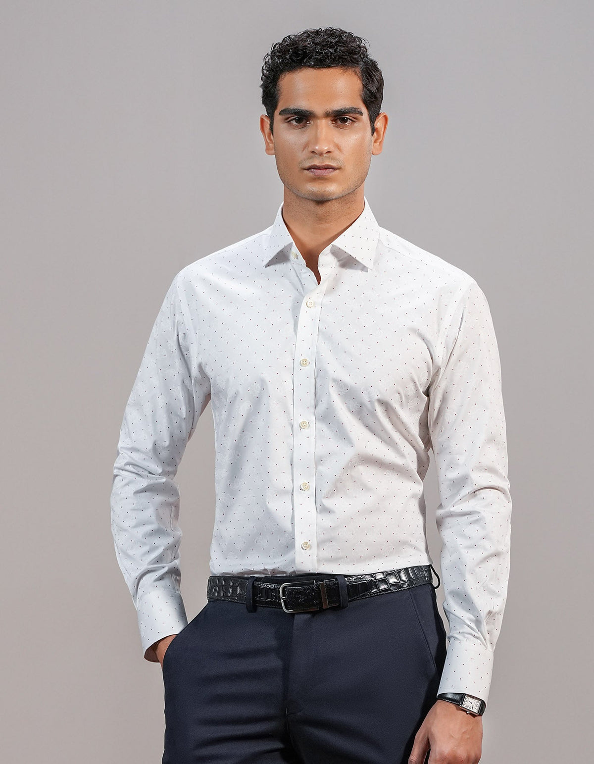 White Self Paisley & Red Micro Dot Formal Shirt