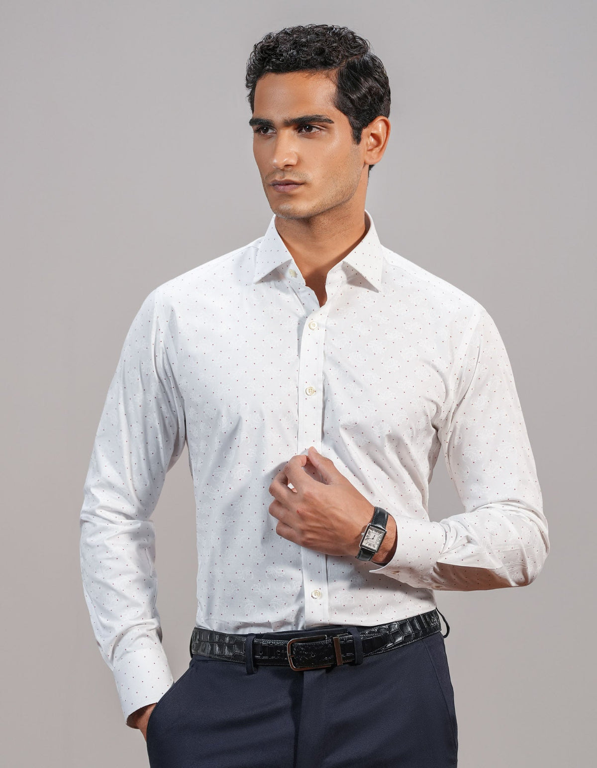 White Self Paisley & Red Micro Dot Formal Shirt
