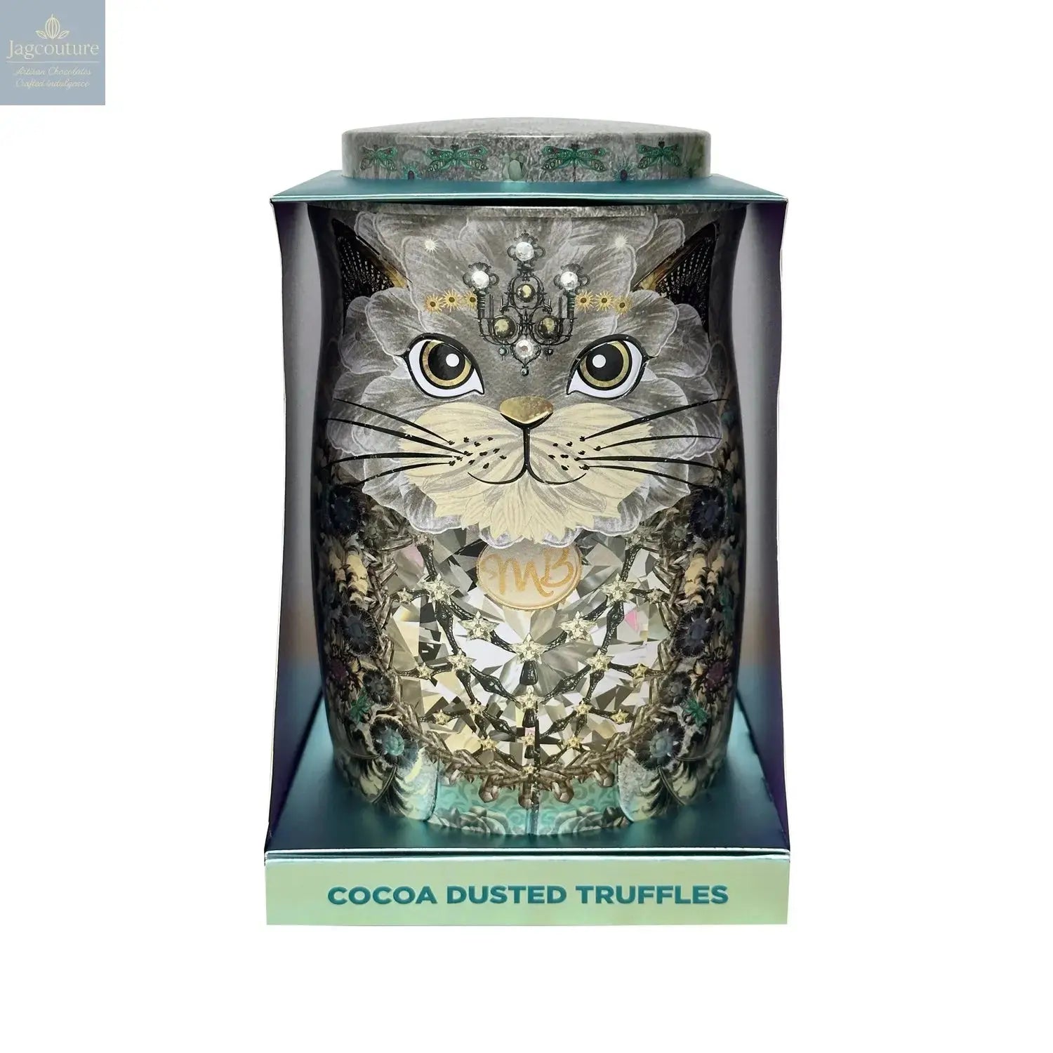 Diamond snow cat tin of assorted flavoured cocoa dusted truffles Jag Couture Chocolates