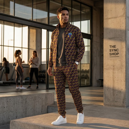 A man stands in a modern gym wearing a matching patterned track jacket and jogger pants set with a dark gray t-shirt and white sneakers. The background features concrete pillars, large windows, and other gym-goers in the distance.