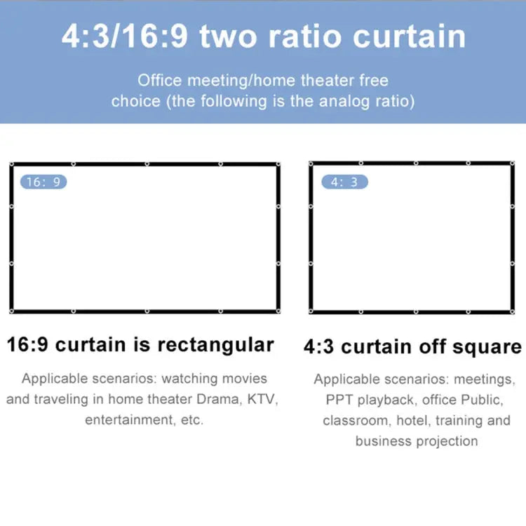Folding Milk Silk Polyester Projector Film Curtain, 60 inch (16:9) Projection Area: 133 x 75cm, 60 inch (4:3) Projection Area: 120 x 90cm, 72 inch (16:9) Projection Area: 159 x 90cm, 72 inch (4:3) Projection Area: 146 x 110cm                           ... Mira Sales