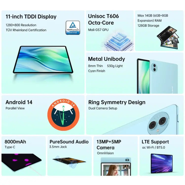 Teclast P50 Tablet PC 11 inch, 6GB+128GB,  Android 14 Unisoc T606 Octa Core, 4G LTE Dual SIM(Ice Blue) Vitrax