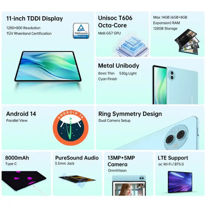 Teclast P50 Tablet PC 11 inch, 6GB+128GB,  Android 14 Unisoc T606 Octa Core, 4G LTE Dual SIM(Ice Blue) Vitrax