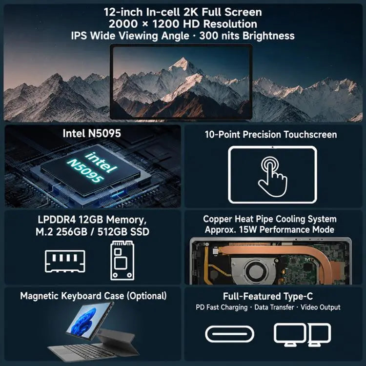 Jumper EZpad V12 Pro Tablet PC, 12GB+512GB, No Keyboard, 12 inch Windows 11 Home OS Intel N5095 Quad Core(EU Plug) Vitrax