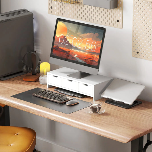 HOMCOM Monitor Stand Riser with 3 Drawers, Monitor Riser for Laptop, Computer, PC, Small Printer, 51 x 24 x 13cm, White Wise Galleria