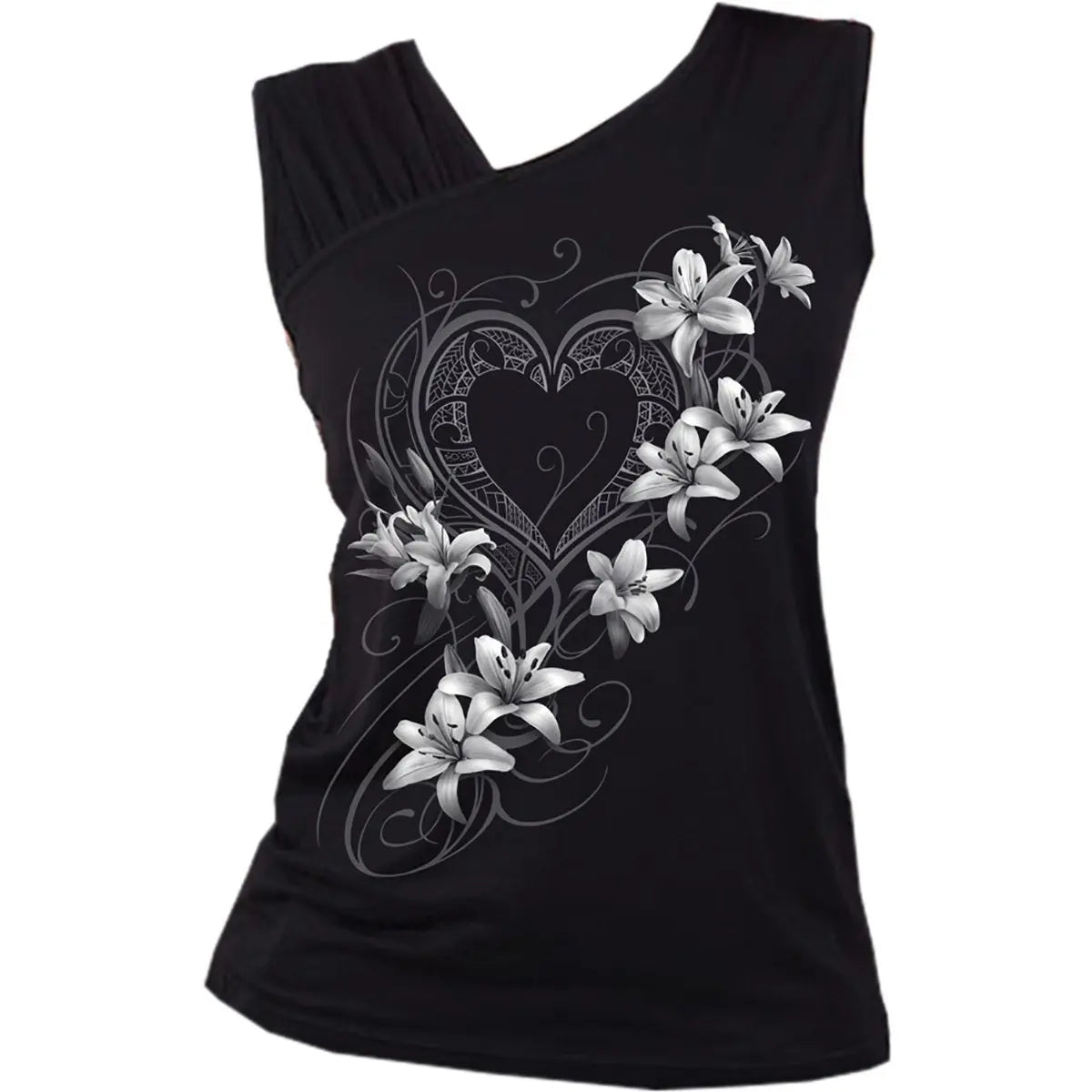 PURE OF HEART - Gathered Shoulder Slant Vest Black Spiral Direct