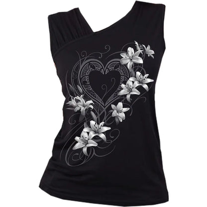 PURE OF HEART - Gathered Shoulder Slant Vest Black Spiral Direct