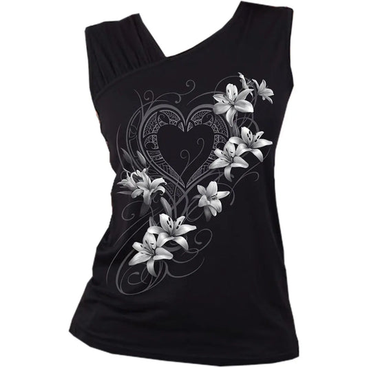 PURE OF HEART - Gathered Shoulder Slant Vest Black Spiral Direct