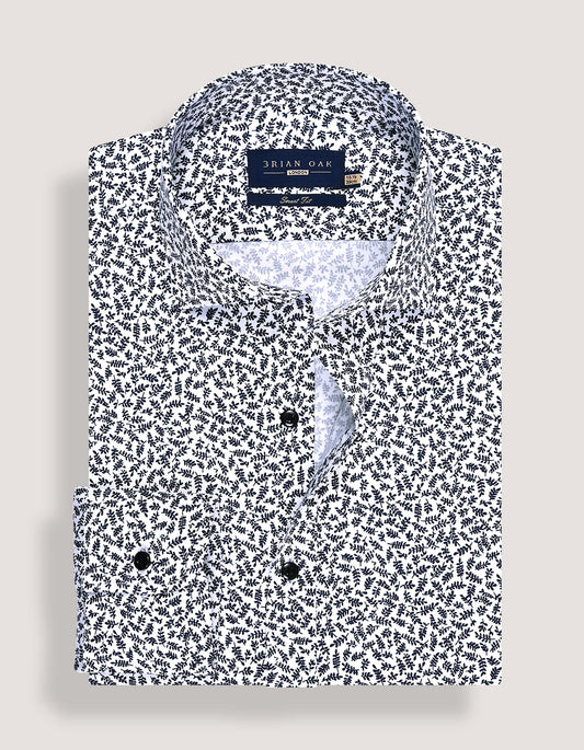 White Formal Shirt with Monochrome Leaf Print
