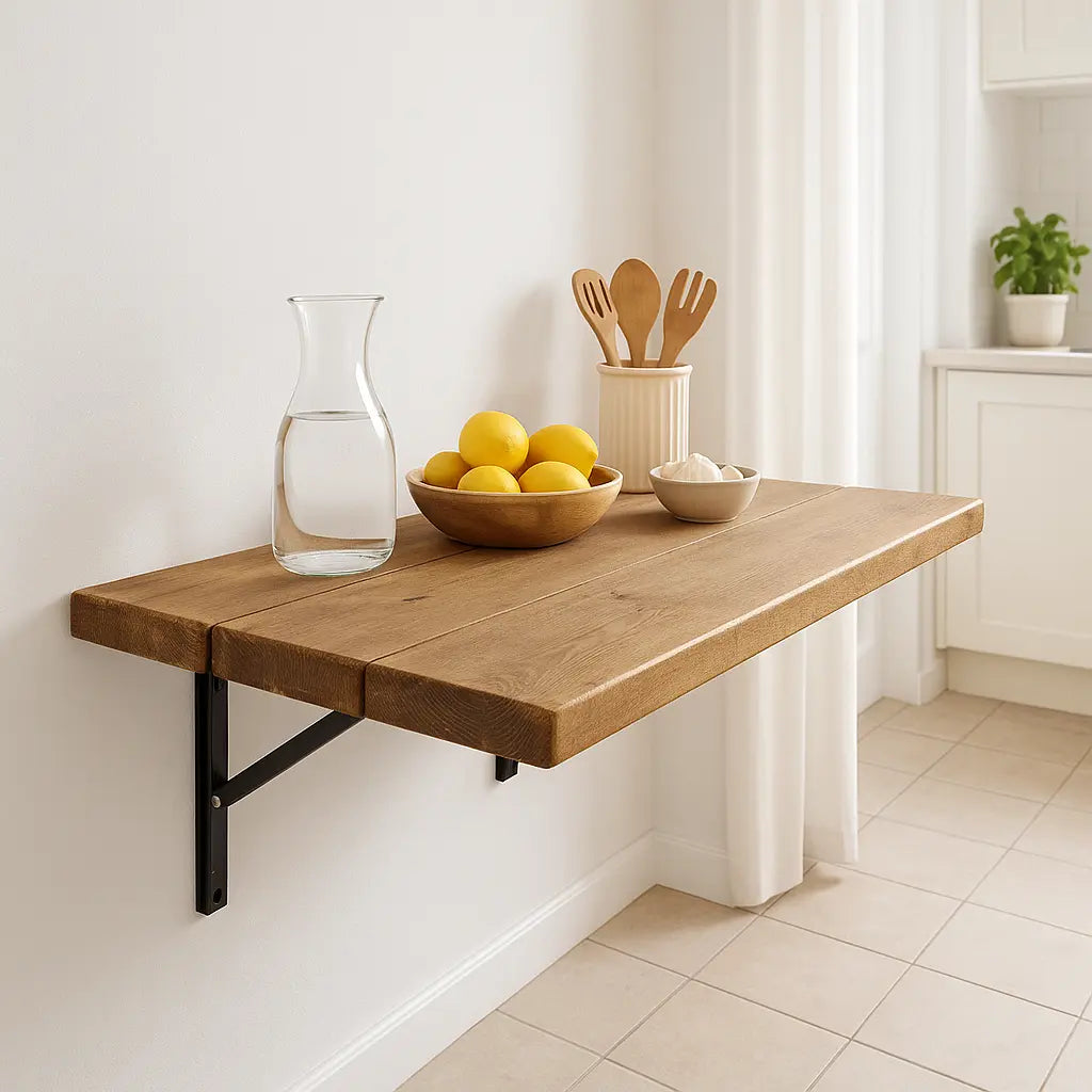 Foldable Wall-Mounted Solid Wood Table – Rustic Wood with Heavy-Duty Black Brackets – Space-Saving Desk for Kitchen, Office, or Small Spaces Tribe Joinery
