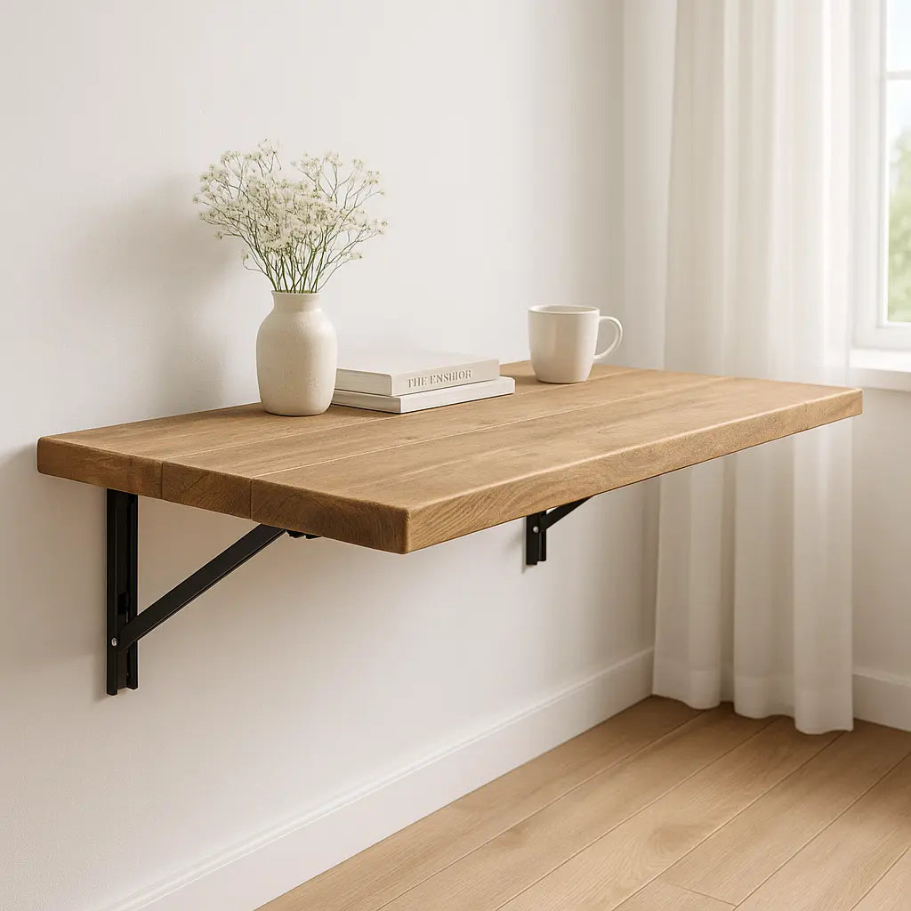 Foldable Wall-Mounted Solid Wood Table – Rustic Wood with Heavy-Duty Black Brackets – Space-Saving Desk for Kitchen, Office, or Small Spaces Tribe Joinery
