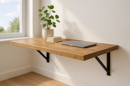 Foldable Wall-Mounted Solid Wood Table – Rustic Wood with Heavy-Duty Black Brackets – Space-Saving Desk for Kitchen, Office, or Small Spaces Tribe Joinery