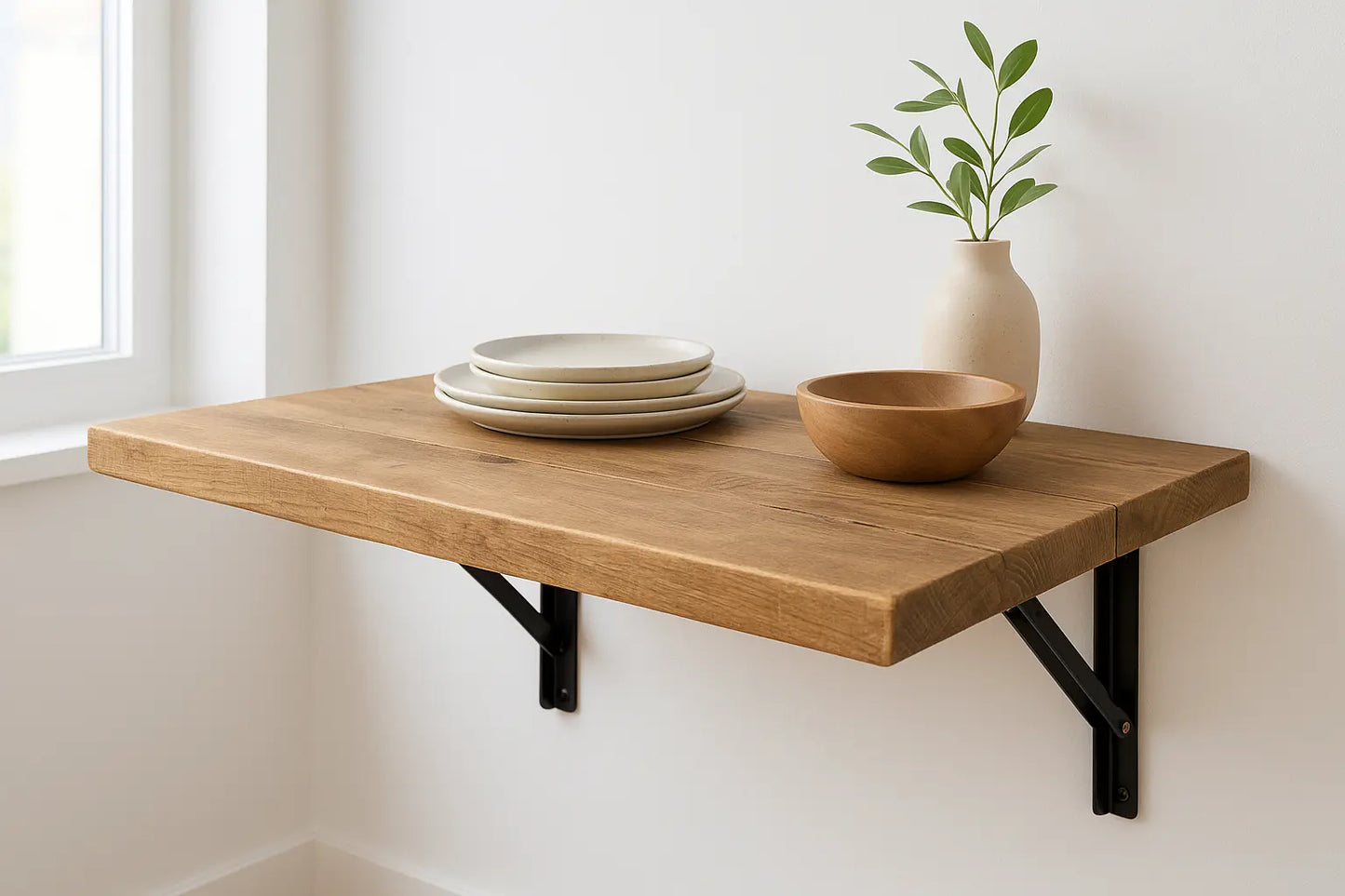 Foldable Wall-Mounted Solid Wood Table – Rustic Wood with Heavy-Duty Black Brackets – Space-Saving Desk for Kitchen, Office, or Small Spaces Tribe Joinery