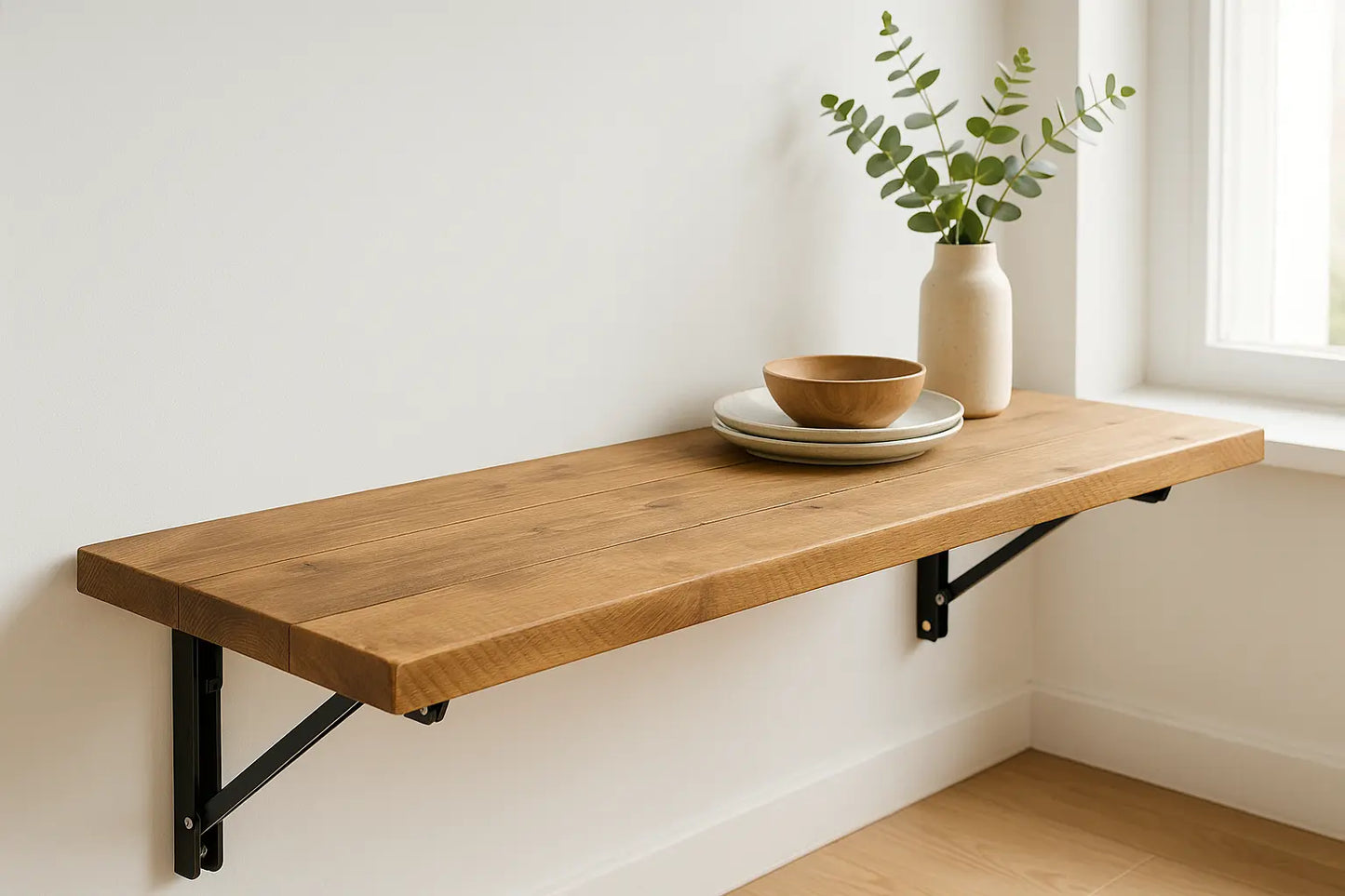 Foldable Wall-Mounted Solid Wood Table – Rustic Wood with Heavy-Duty Black Brackets – Space-Saving Desk for Kitchen, Office, or Small Spaces Tribe Joinery