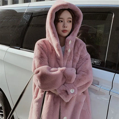 Winter Women's Faux Rabbit Fur Coat Hooded Thick And Plush Jacket