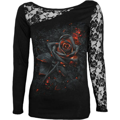BURNT ROSE - Lace One Shoulder Top Black Spiral Direct