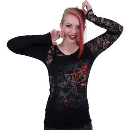 BURNT ROSE - Lace One Shoulder Top Black Spiral Direct