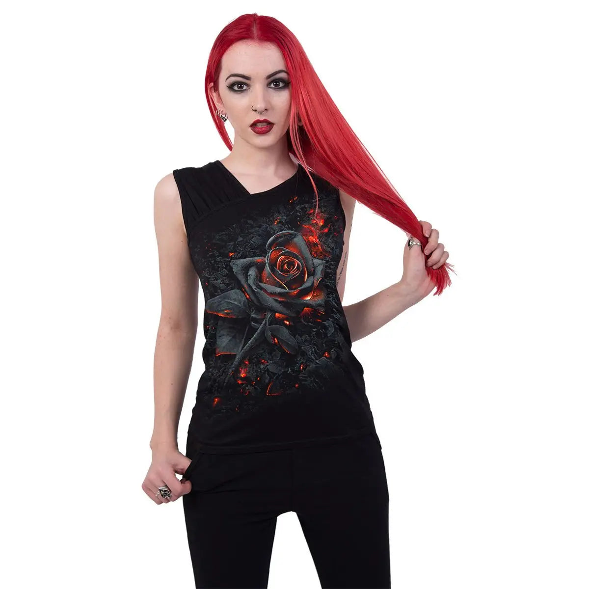 BURNT ROSE - Gathered Shoulder Slant Vest Black Spiral Direct