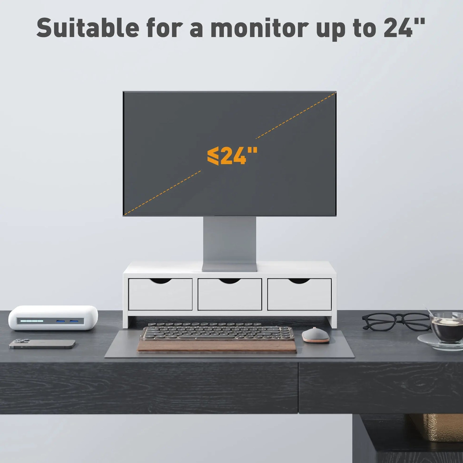 HOMCOM Monitor Stand Riser with 3 Drawers, Monitor Riser for Laptop, Computer, PC, Small Printer, 51 x 24 x 13cm, White Wise Galleria