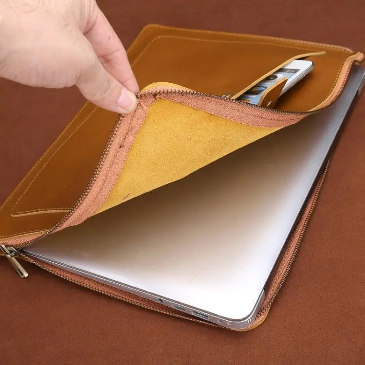 11.6 inch Genuine Leather Zipper Laptop Tablet Bag, For Macbook, Samsung, Lenovo, Sony, DELL Alienware, CHUWI, ASUS, HP 11.6 inch and Below Laptop(Coffee) Great Deal Offers