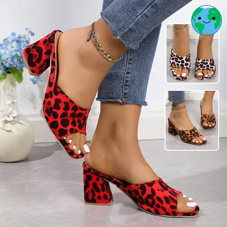 Leopard Square Toe Sandals Summer High-heeled Slippers Chunky Heel Shoes For Women Michan Direct