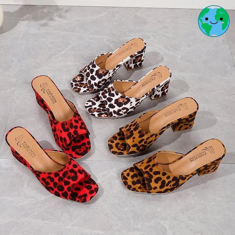 Leopard Square Toe Sandals Summer High-heeled Slippers Chunky Heel Shoes For Women Michan Direct